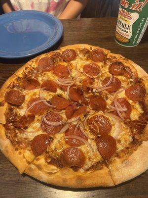 Pepperoni, cheese, and onion