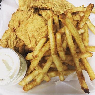 Hand battered fresh chicken tenders seasoned to perfection with fries!! Ask for ranch