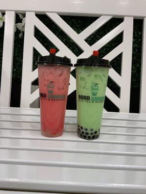 Pink Milk w/ Lychee Jelly and Boba Garden Green Drink w/ Boba