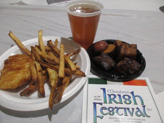 Fish and Chips + Guinness Beer +  Guinness Braised Apple Wood Smoked Hahn’s Bacon with Red Potatoes