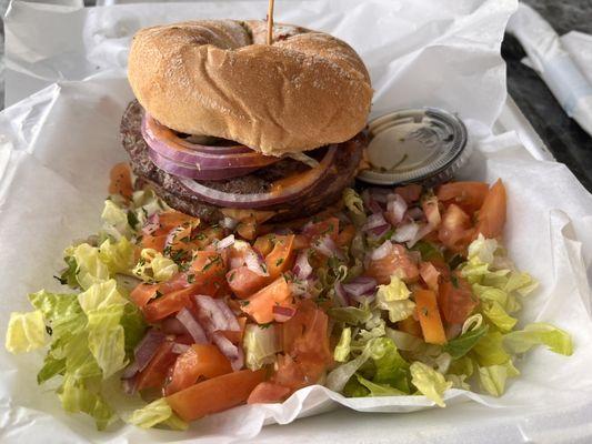 Custom made double burger and side salad.