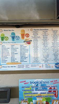 Menu with prices and flavor options