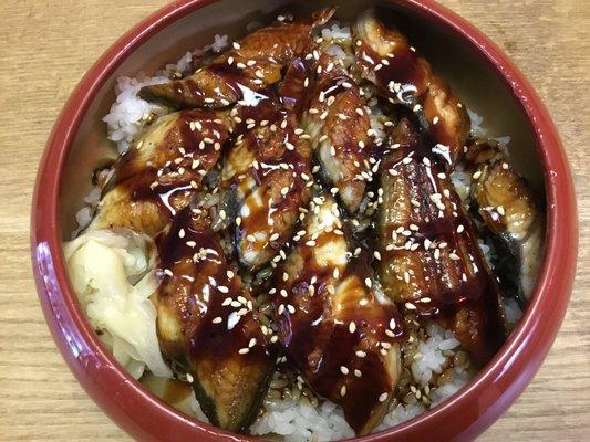 Unagi Don ($21.50)- broiled eel over sushi rice served with your choice or miso soup or house salad