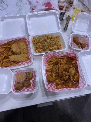 Fried catfish plate. Crawfish/ house rice. Fried shrimp plate with fries. Boudin balls.