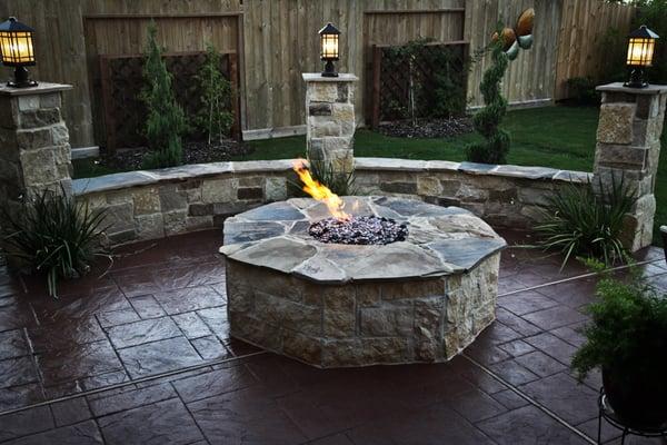 Octagonal fire pit, perfect for gathering around in your favorite patio chairs!