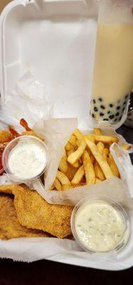 This is the #6 Shrimp and Catfish with fries. Soooo good and very filling! There's plenty in this tray for two.