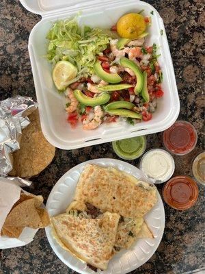 Two shrimp ceviche tostadas and a half steak quesadilla.  All for $15. Not bad.  Solid quality for the price.