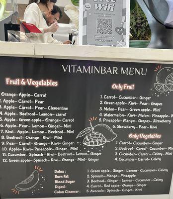 Juice bar menu