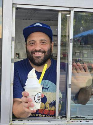 Service with a smile!  Vanilla Chip Gelato!