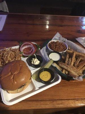 Bistro Burger, Onion Strings, Baked Beans and Fries