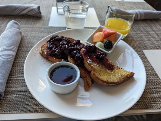 French toast with Nutella and fruit compote and side of fruit