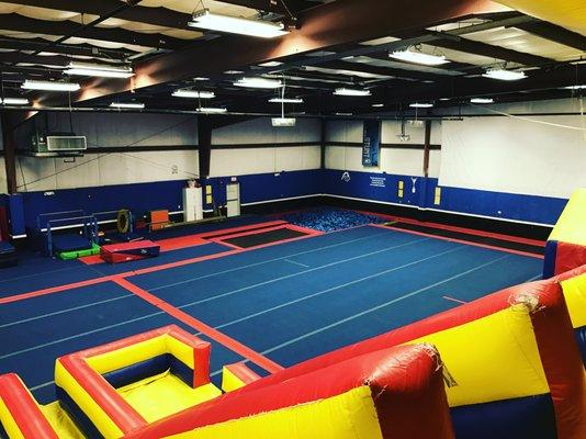 Double down features spring floors, inflatables, an in ground tumble track, trampoline, and also a foam pit.