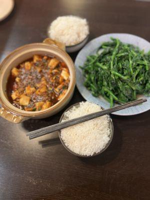 Sauté pea shoots and Mopo Tofu Plate