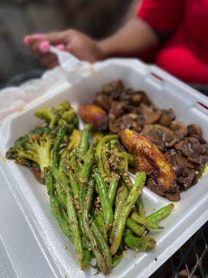 Plantains, green beans, jerk mushrooms, yellow rice, broccoli