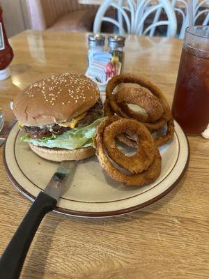 Big burger, onion rings, and iced tea 1199 super cheap super good super big hamburger