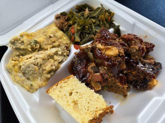 Smoked stuffed meatloaf,  chicken poulet, collard greens and corn bread.  This plate was insanely good!