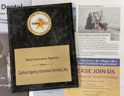 Village Life Readers Choise Award for the Best Insurance Agency in 2020.