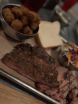 Angus Beef Brisket and Pork Spare Ribs with fried okra and coleslaw.