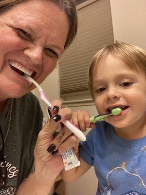 My grandson and i practicing good teeth brushing before bed!!