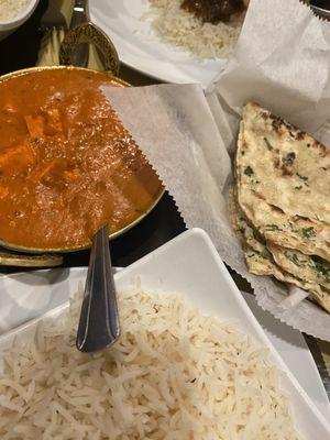 Paneer curry. SO good!
 Garlic naan  and fluffy rice.