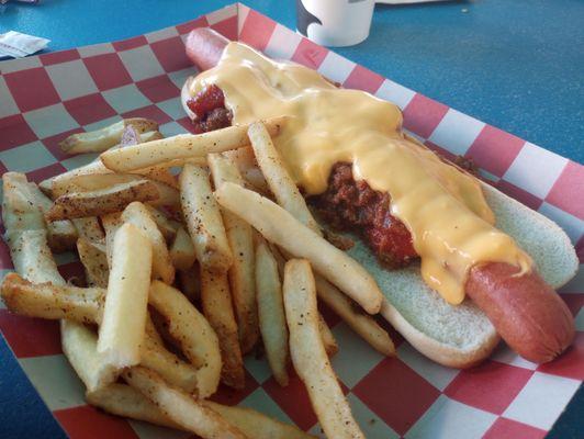 Chili cheese footlong and fries.