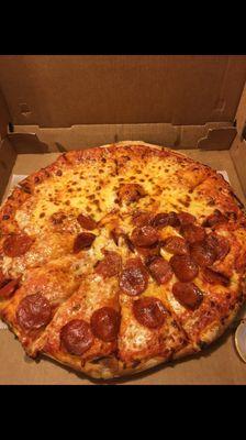 Half pepperoni half cheese pizza (more of half cheese and other half- quarter pepperoni and the other quarter bread and sauce.