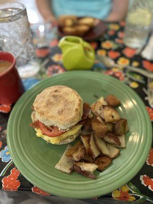 Scrambled Egg with Bacon, Sliced Tomato, and Garlic Herb Cream Cheese Sandwich Special