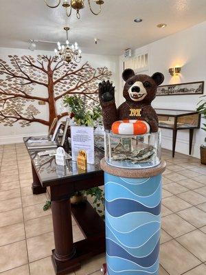 Our brand new donation "box" featuring Samson, the hot tub bear, designed and created by Mike Andrews!