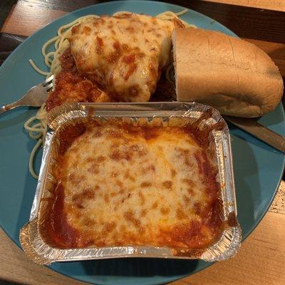 From my first visit, the baked ravioli, chicken parm and side spaghetti.