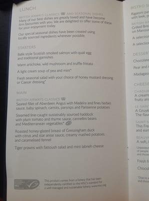 Menu from first class