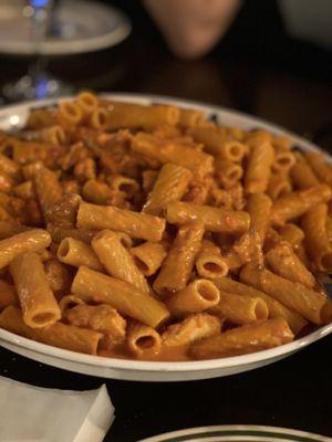 Rigatoni Alla Vodka with breaded chicken (whole) fed 4 adults with one portion packed in a doggie bag