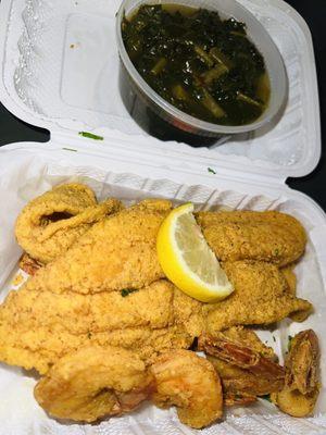 Fried Shrimp (5), CatFish(2), and Side of Collard Greens