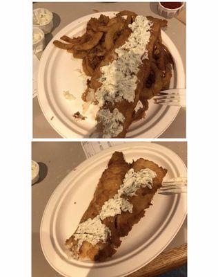 3/16/22 Wednesday is Fry-Day. All you can eat fried scrod.  Top: plate #1 fish w/onion rings. Bottom: plate #2 just fish.