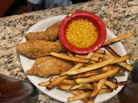 Chicken strips, fries, and corn