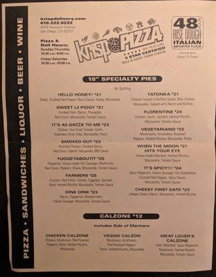 Speciality pizzas and calzone menu