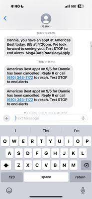 Text confirming they cancelled my appointment while I'm sitting there waiting for my exam