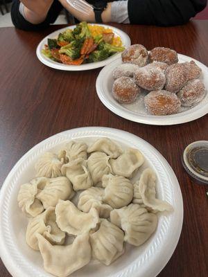 Dumplings, Chinese "donuts", beef stir fry