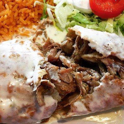 Pork Tomatillo Lunch Chimichanga served with rice and salad. $6