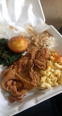 Salty canned greens, cornbread, salty rice and gravy , wet mac n cheese, bland hard chicken .