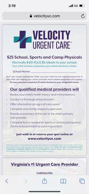 Velocity website advertising $25 school physicals