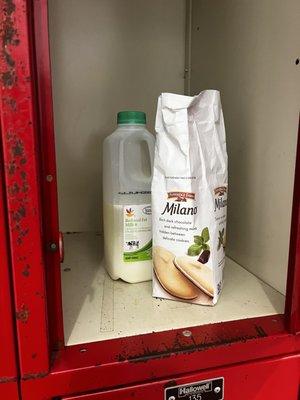 Spoiled milk n cookies in locker room.