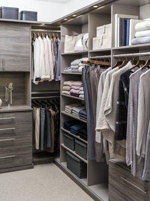 Maximize the space in your closet with Shelves, Cabinets, and plenty of Hanging Rods