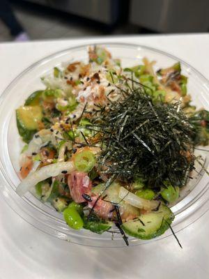 Yummy tuna and spicy salmon poke bowl!