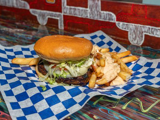 Marathon burgers with 100% beef patties and marathon sauce-fries.