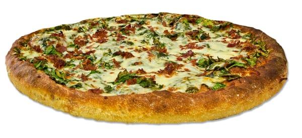 Hand Tossed Dough with a Double Layer of Fresh Spinach, Fresh Whole Garlic, Bacon, Mozzarella Cheese, Pecorino Romano Cheese and Spices