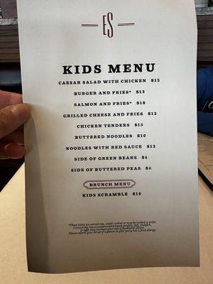 Kids menu