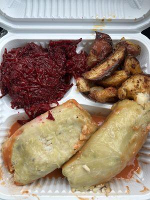 Stuffed cabbage, roasted potatoes, beet salad