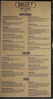 Sully's Bar and Grill's menu features two complete pages, and anything listed on the menu is available anytime the restaurant is open.