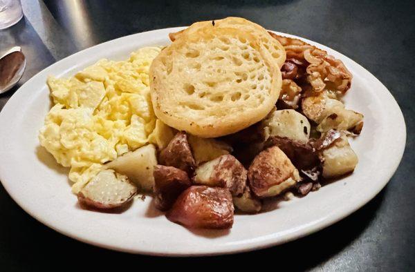 Over Easy Special-scrambled eggs, English muffin, bacon & home fries & pancake in other photo