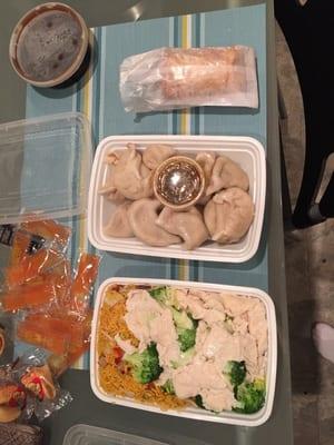 Steamed chicken with broccoli combination - sauce on the side. And a dozen steamed dumplings.